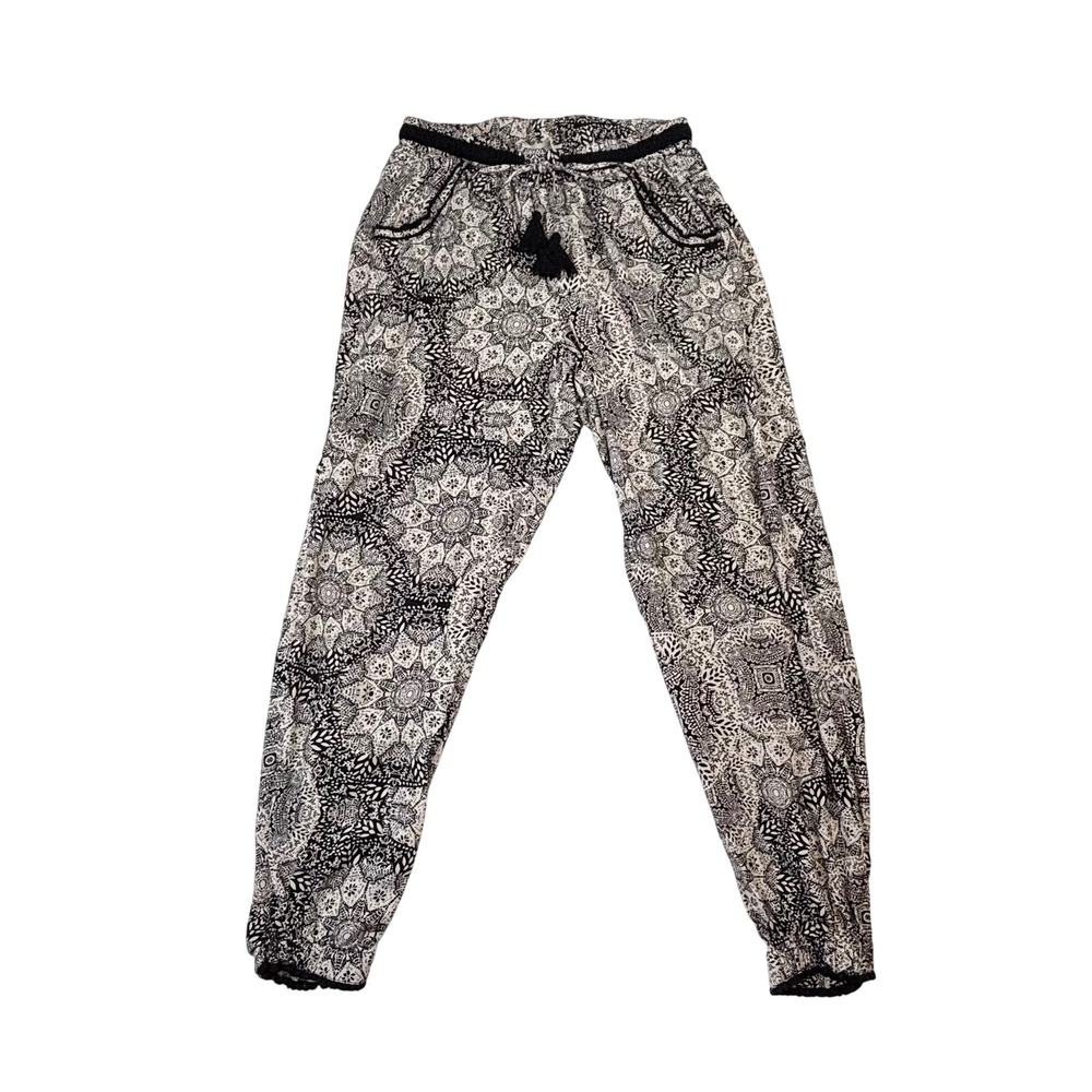 Knox Rose Women Black White Mandala Print Jogger Pants Tassel Drawstring Medium